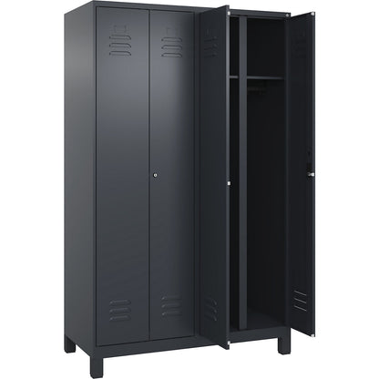 Classic PLUS clean and dirty clothes locker, centre divider, 2 compartments, grey, HxW 1950 x 1200 mm, with feet, cylinder lock.