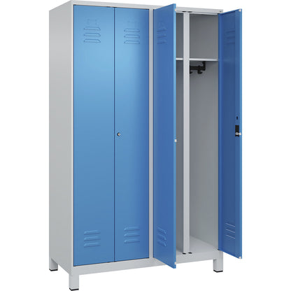 Classic PLUS clean and dirty clothes locker, centre divider, 2 compartments, light grey/light blue, HxW 1950 x 1200 mm, with feet, cylinder lock.