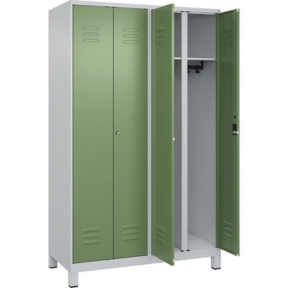Classic PLUS clean and dirty clothes locker, centre divider, 2 compartments, light grey/reseda green, HxW 1950 x 1200 mm, with feet, cylinder lock.