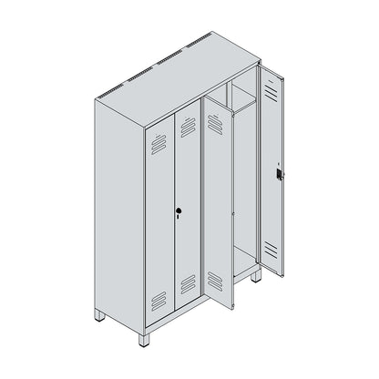 Classic PLUS clean and dirty clothes locker, centre divider, 2 compartments, light grey, HxW 1950 x 1200 mm, with feet, rotary bolt.