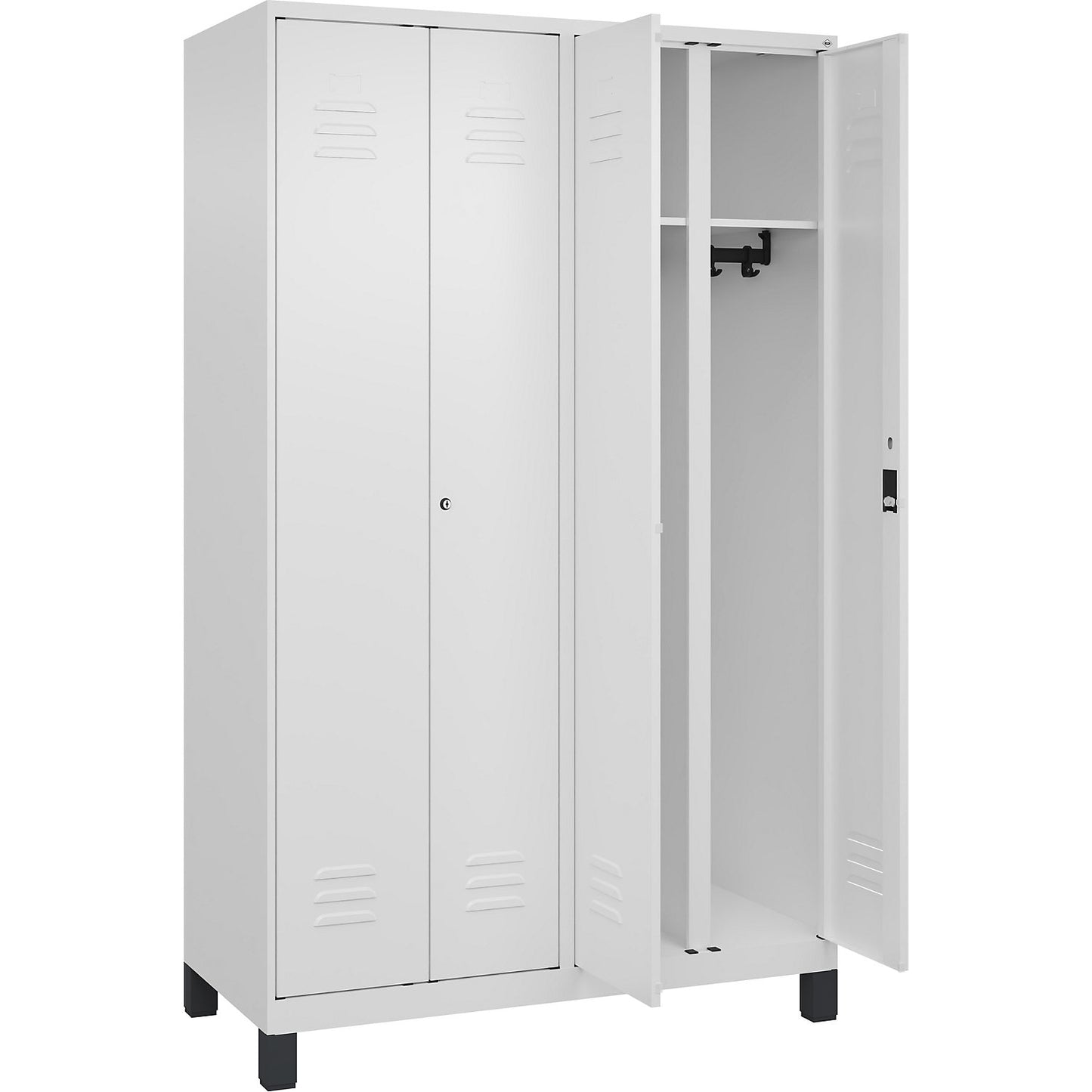 Classic PLUS clean and dirty clothes locker, centre divider, 2 compartments, traffic white, HxW 1950 x 1200 mm, with feet, cylinder lock.