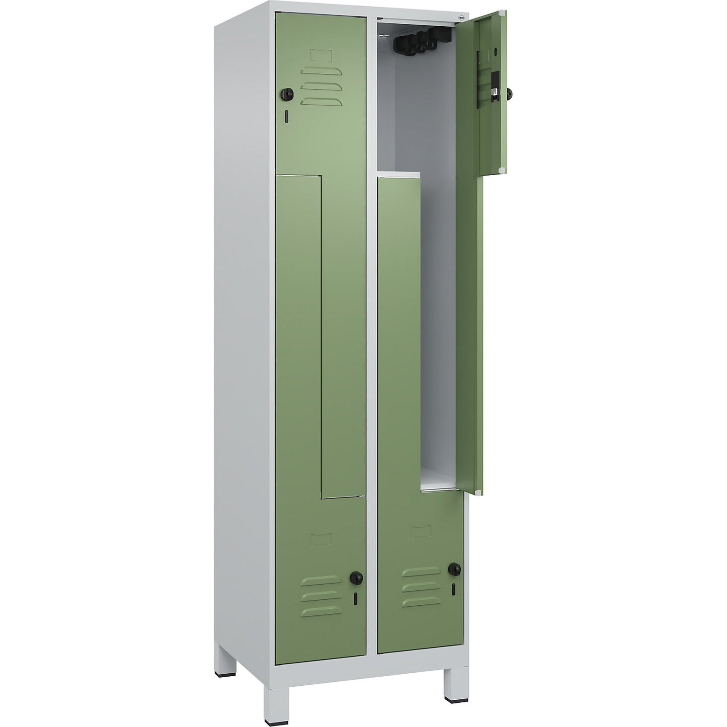 Classic PLUS Z locker, 2 compartments, light grey/reseda green, W 600 mm, with feet, rotary bolt.