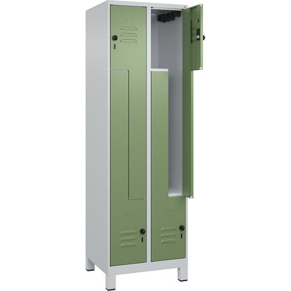 Classic PLUS Z locker, 2 compartments, light grey/reseda green, W 600 mm, with feet, rotary bolt.