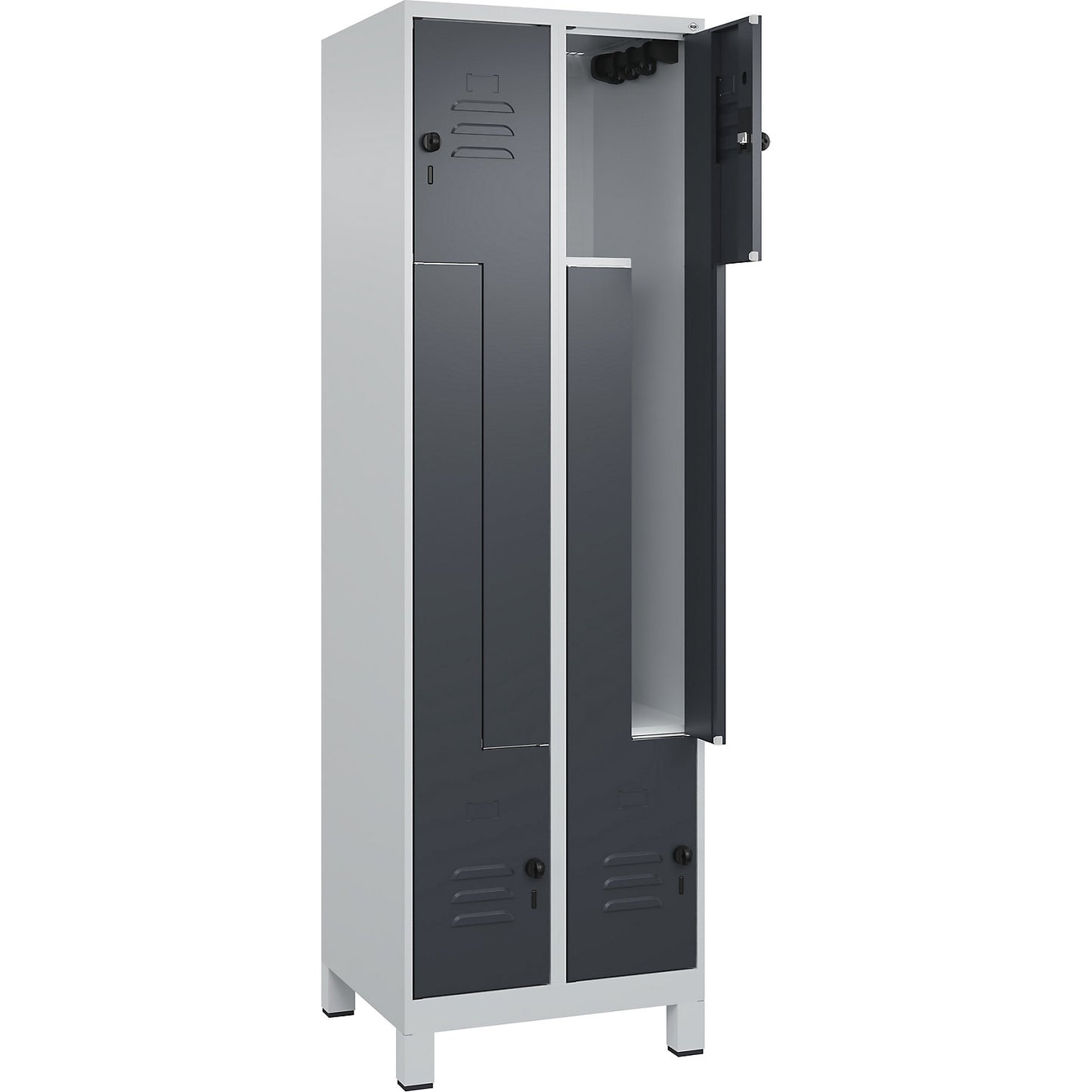 Classic PLUS Z locker, 2 compartments, light grey/grey, W 600 mm, with feet, rotary bolt.