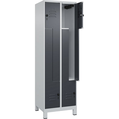 Classic PLUS Z locker, 2 compartments, light grey/grey, W 600 mm, with feet, rotary bolt.