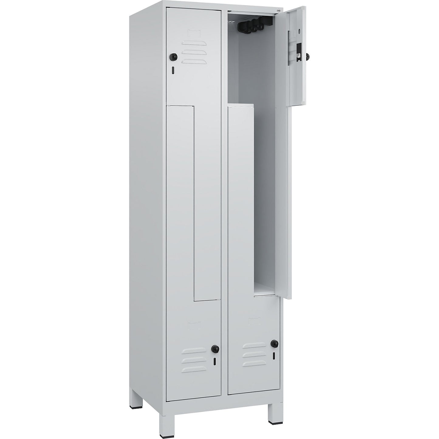 Classic PLUS Z locker, 2 compartments, light grey, W 600 mm, with feet, rotary bolt.