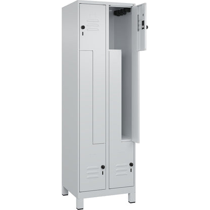 Classic PLUS Z locker, 2 compartments, light grey, W 600 mm, with feet, rotary bolt.
