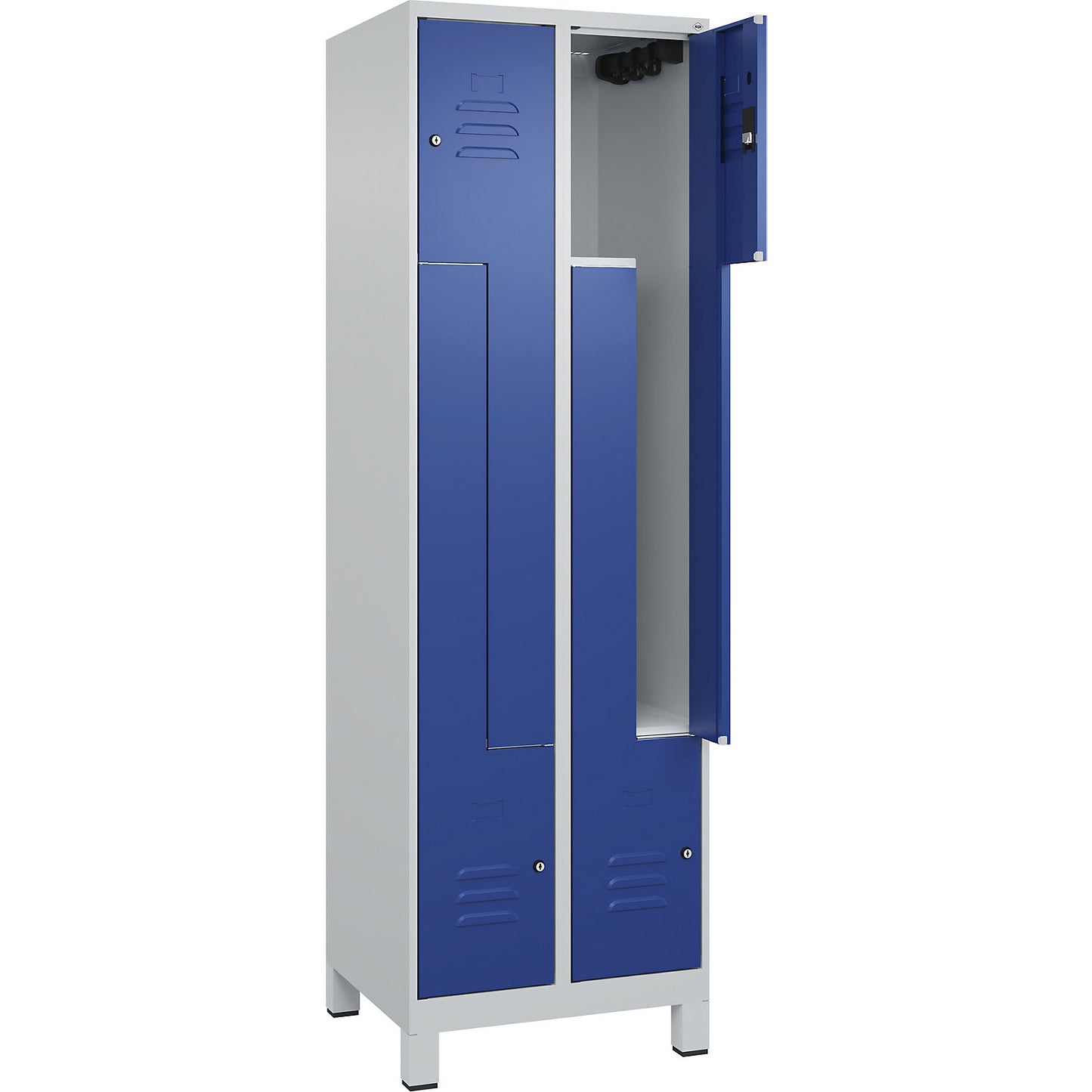 Classic PLUS Z locker, 2 compartments, light grey/gentian blue, W 600 mm, with feet, cylinder lock.