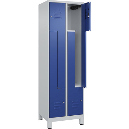 Classic PLUS Z locker, 2 compartments, light grey/gentian blue, W 600 mm, with feet, cylinder lock.