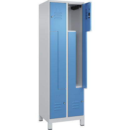 Classic PLUS Z locker, 2 compartments, light grey/light blue, W 600 mm, with feet, cylinder lock.
