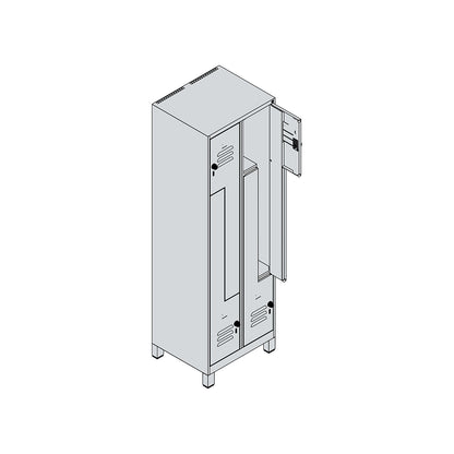 Classic PLUS Z locker, 2 compartments, light grey/grey, W 600 mm, with feet, rotary bolt.