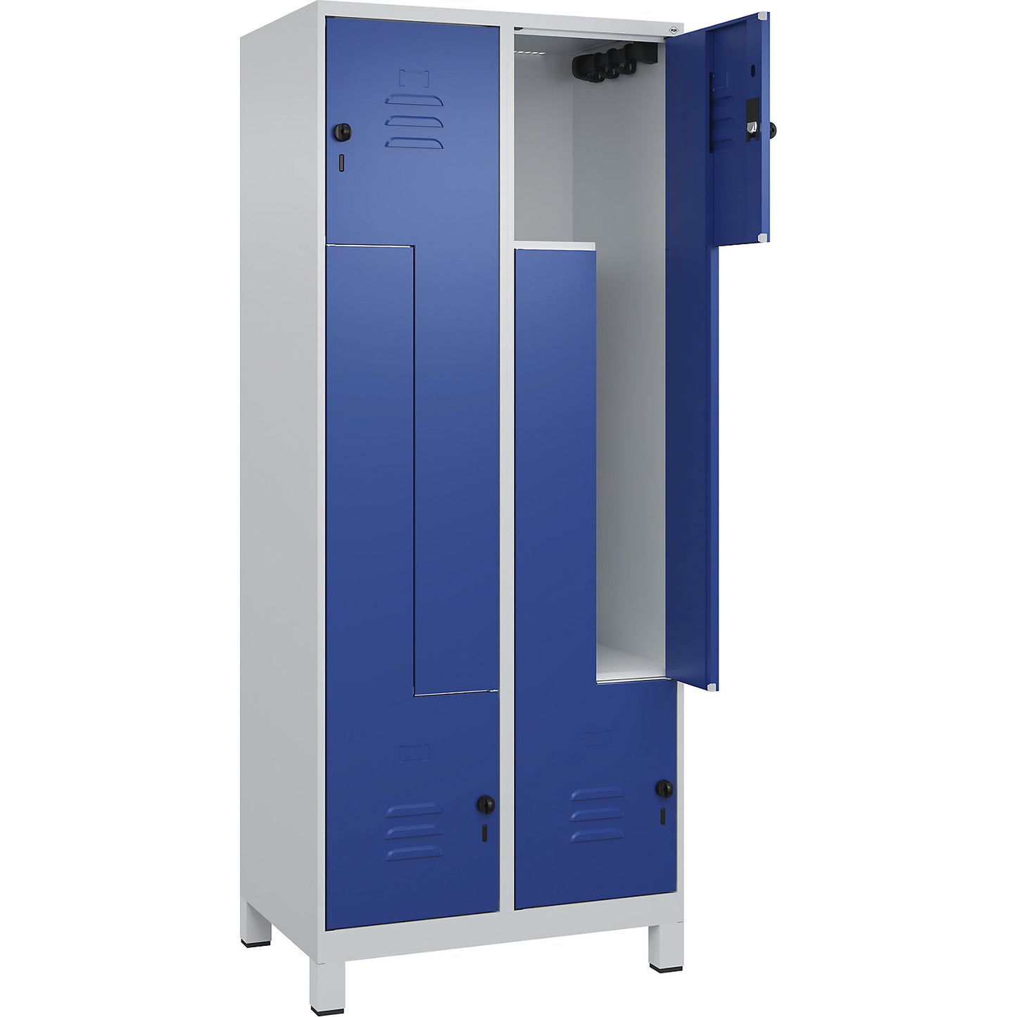 Classic PLUS Z locker, 2 compartments, light grey/gentian blue, W 800 mm, with feet, rotary bolt.