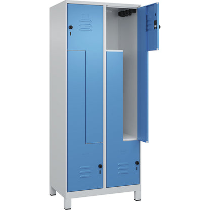 Classic PLUS Z locker, 2 compartments, light grey/light blue, W 800 mm, with feet, rotary bolt.