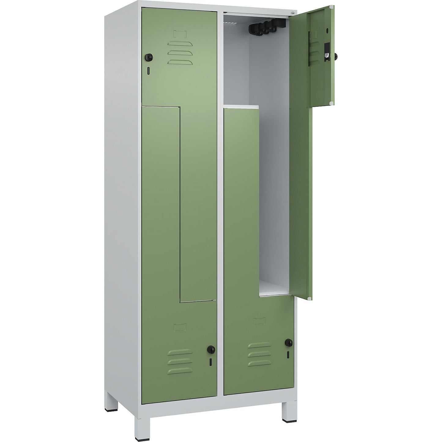 Classic PLUS Z locker, 2 compartments, light grey/reseda green, W 800 mm, with feet, rotary bolt.