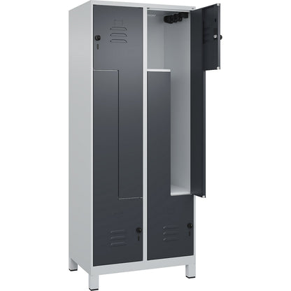 Classic PLUS Z locker, 2 compartments, light grey/grey, W 800 mm, with feet, rotary bolt.