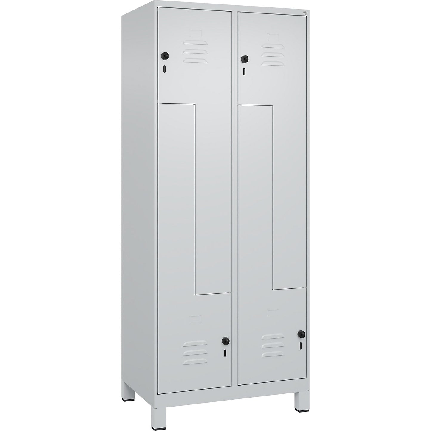 Classic PLUS Z locker, 2 compartments, light grey, W 800 mm, with feet, rotary bolt.