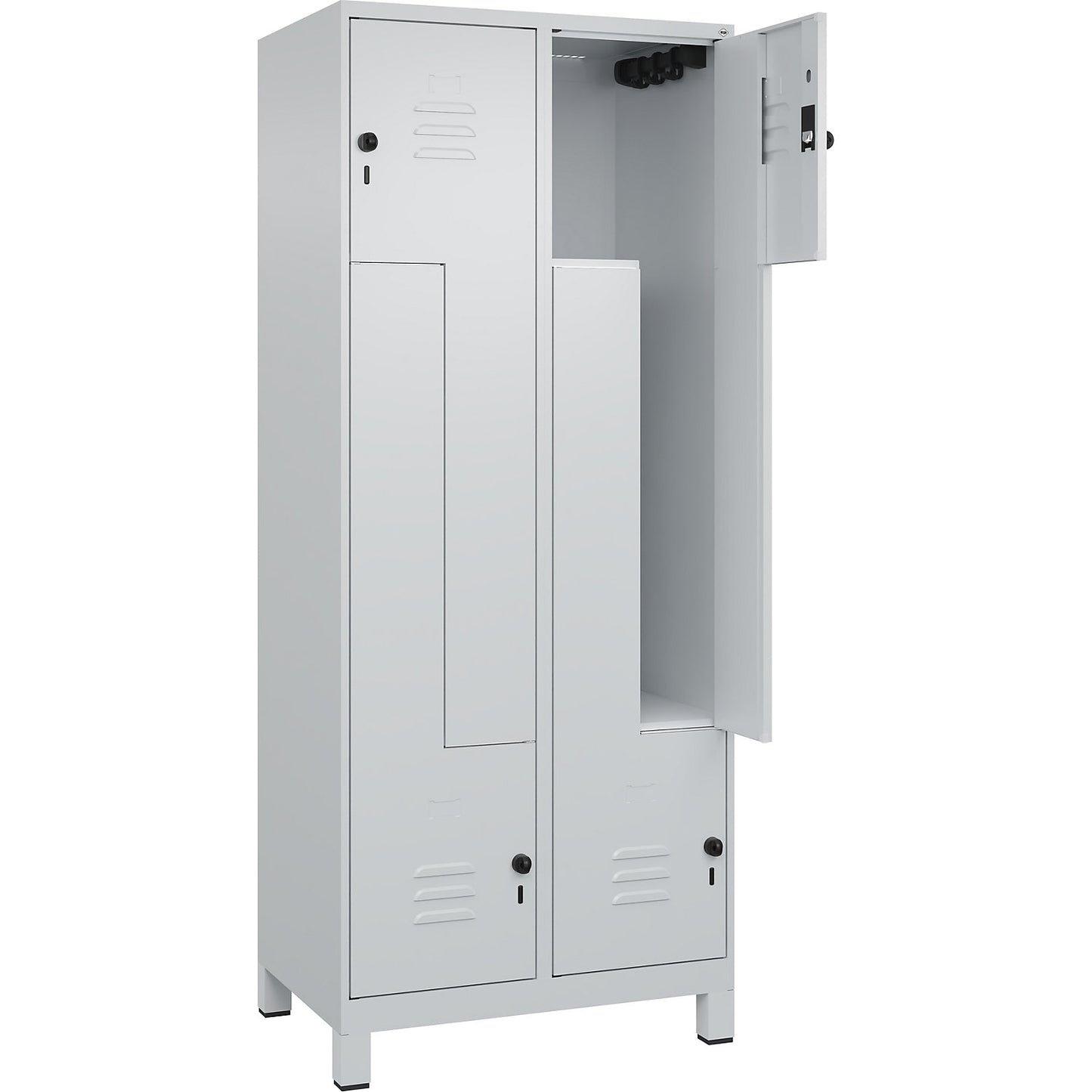 Classic PLUS Z locker, 2 compartments, light grey, W 800 mm, with feet, rotary bolt.