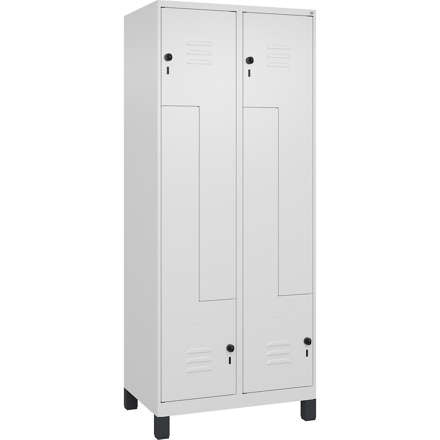 Classic PLUS Z locker, 2 compartments, traffic white, W 800 mm, with feet, rotary bolt.