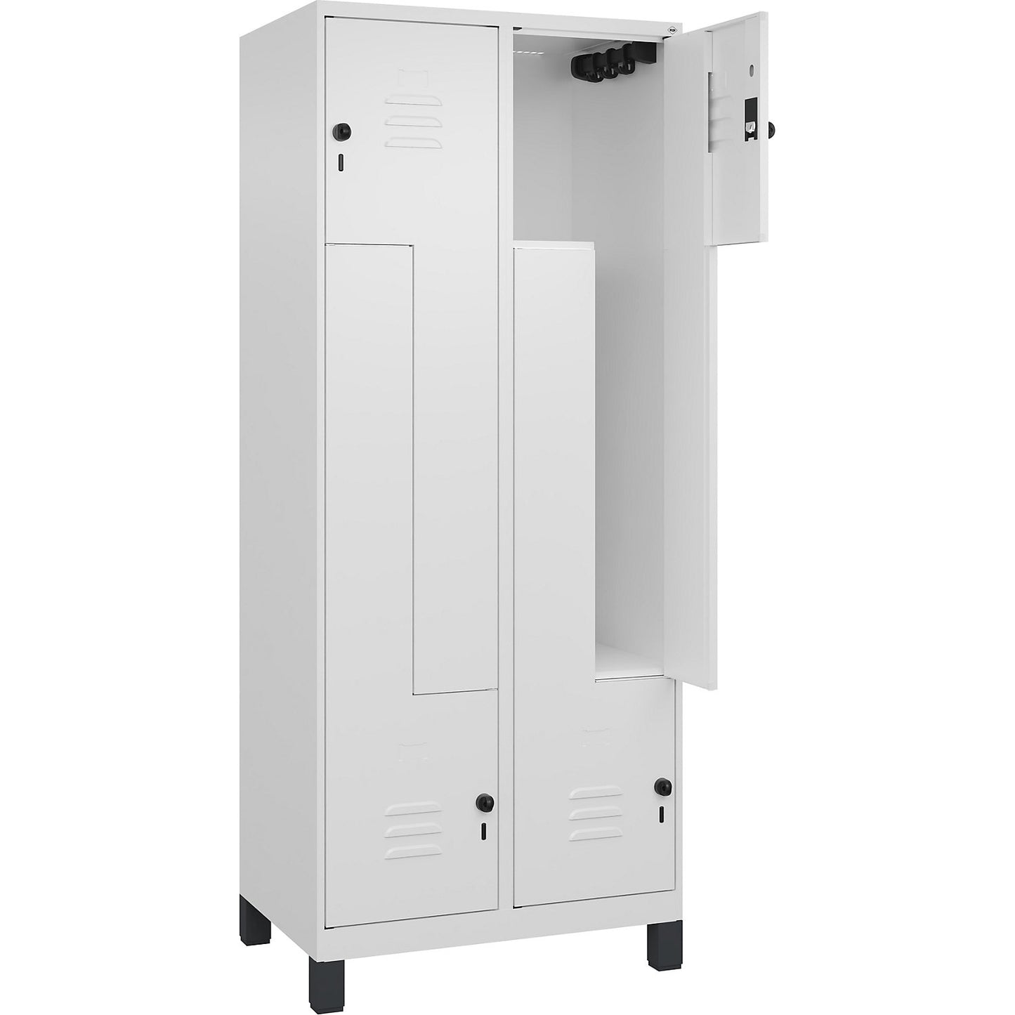 Classic PLUS Z locker, 2 compartments, traffic white, W 800 mm, with feet, rotary bolt.