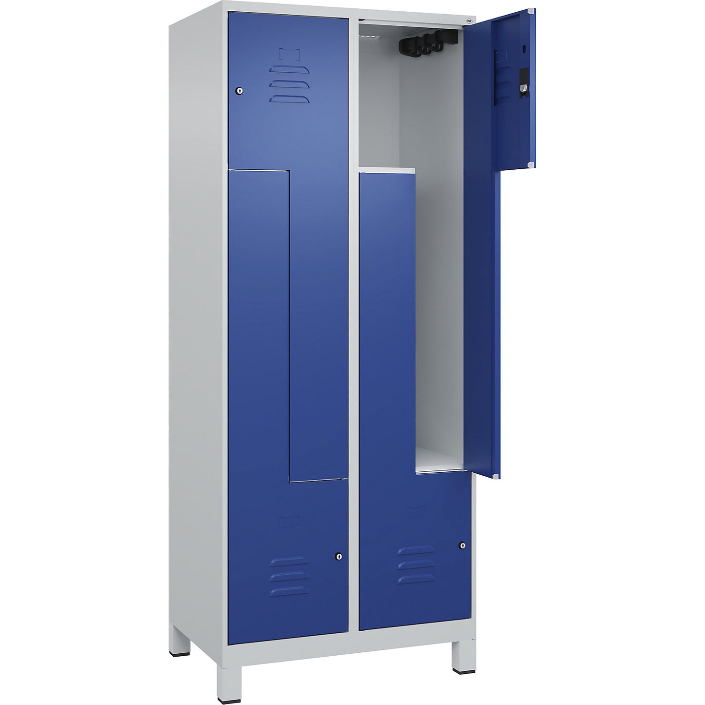 Classic PLUS Z locker, 2 compartments, light grey/gentian blue, W 800 mm, with feet, cylinder lock.