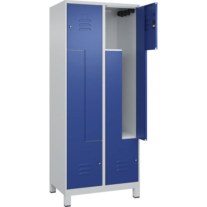 Classic PLUS Z locker, 2 compartments, light grey/gentian blue, W 800 mm, with feet, cylinder lock.