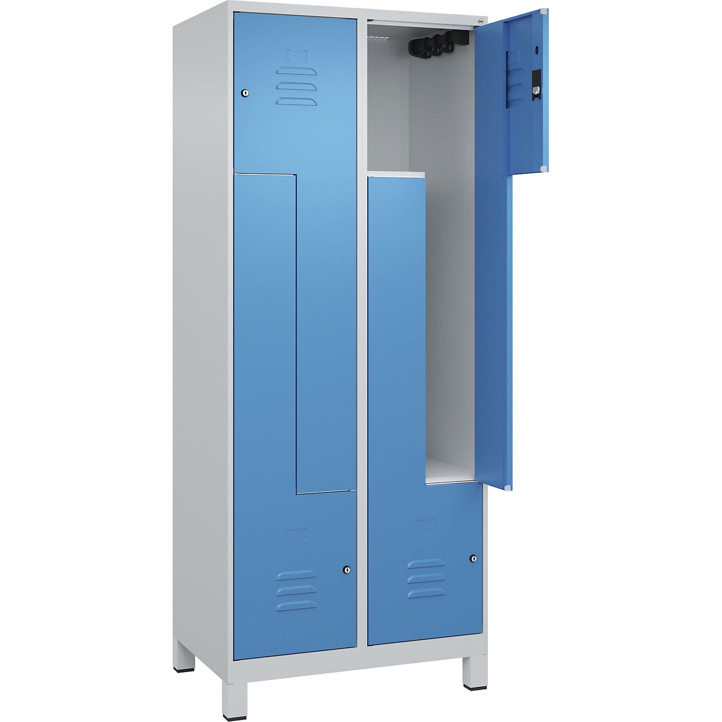 Classic PLUS Z locker, 2 compartments, light grey/light blue, W 800 mm, with feet, cylinder lock.