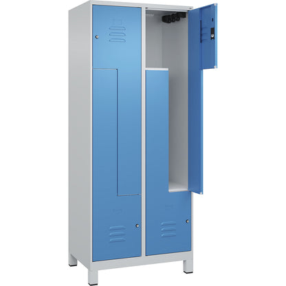 Classic PLUS Z locker, 2 compartments, light grey/light blue, W 800 mm, with feet, cylinder lock.