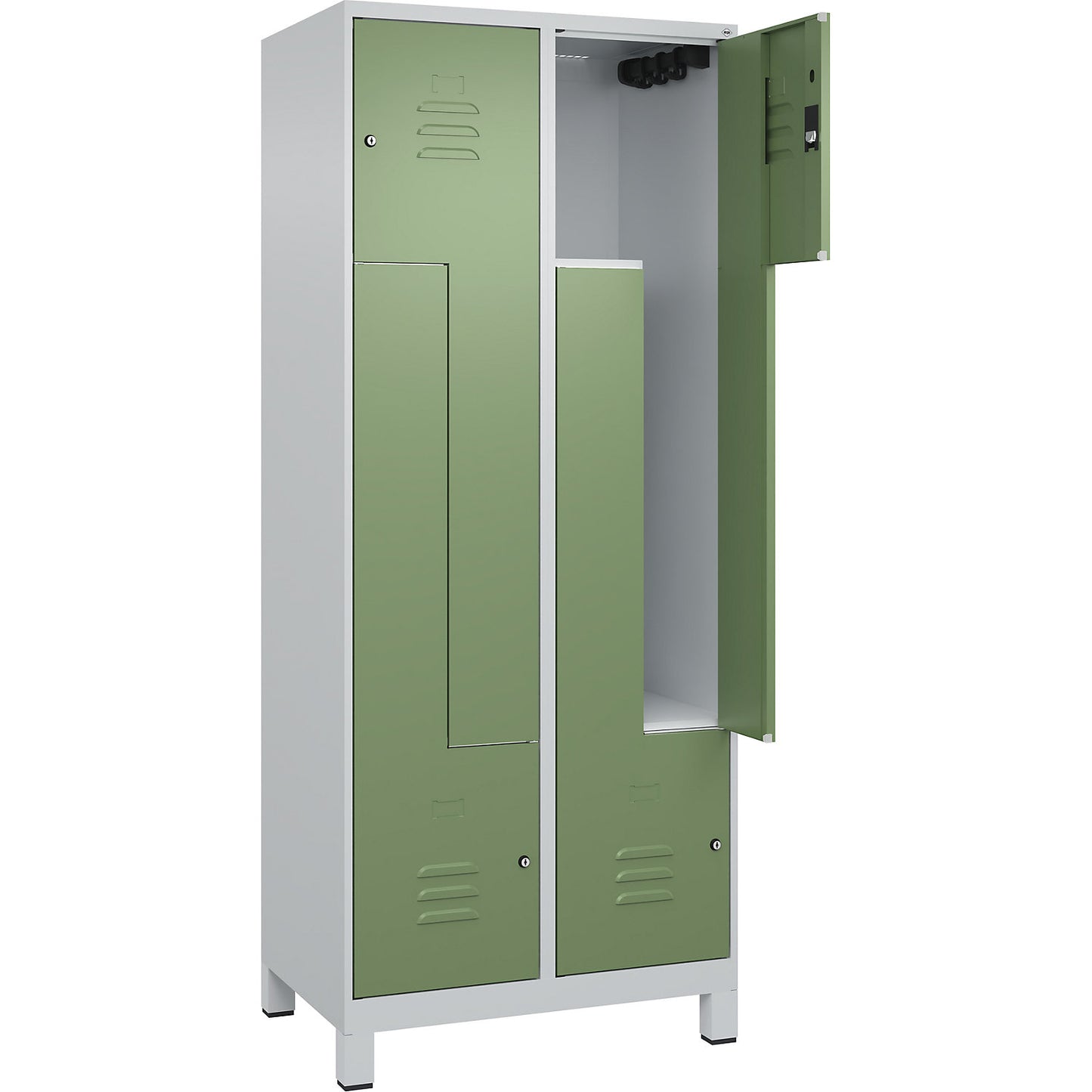 Classic PLUS Z locker, 2 compartments, light grey/reseda green, W 800 mm, with feet, cylinder lock.