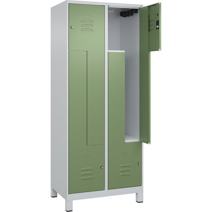 Classic PLUS Z locker, 2 compartments, light grey/reseda green, W 800 mm, with feet, cylinder lock.