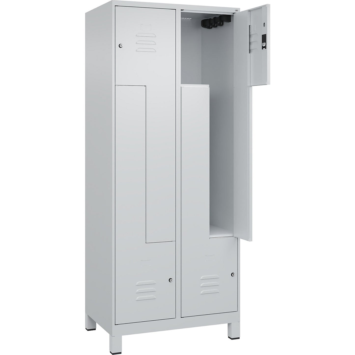 Classic PLUS Z locker, 2 compartments, light grey, W 800 mm, with feet, cylinder lock.