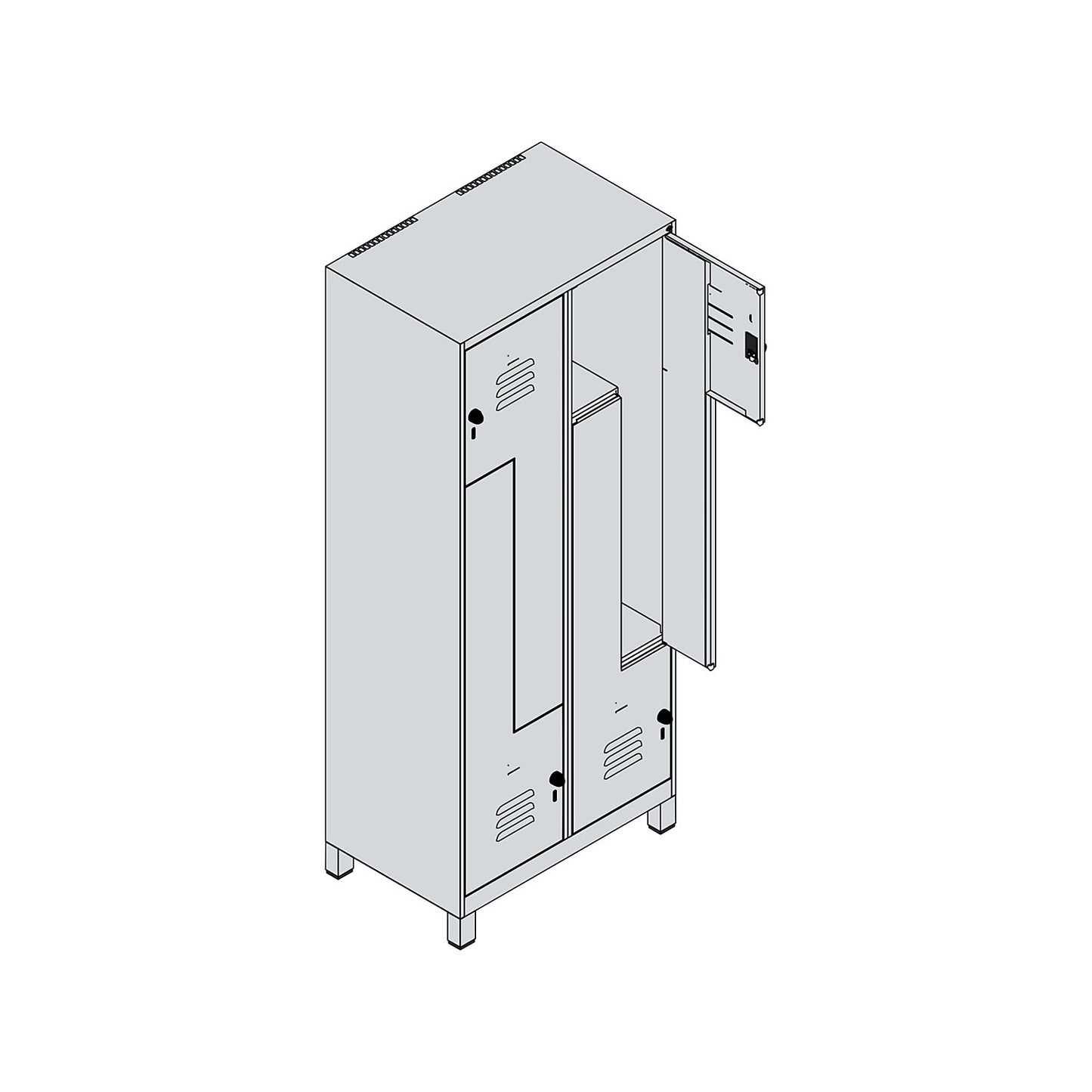 Classic PLUS Z locker, 2 compartments, light grey/grey, W 800 mm, with feet, rotary bolt.