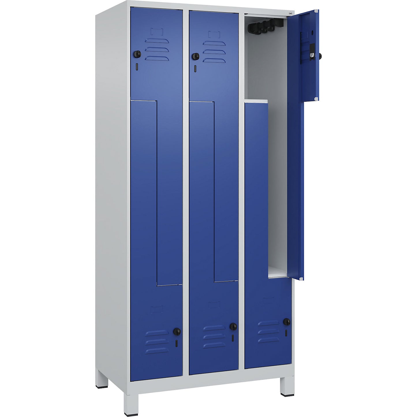 Classic PLUS Z locker, 3 compartments, light grey/gentian blue, W 900 mm, with feet, rotary bolt.