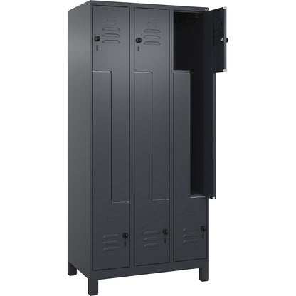 Classic PLUS Z locker, 3 compartments, grey, W 900 mm, with feet, rotary bolt.