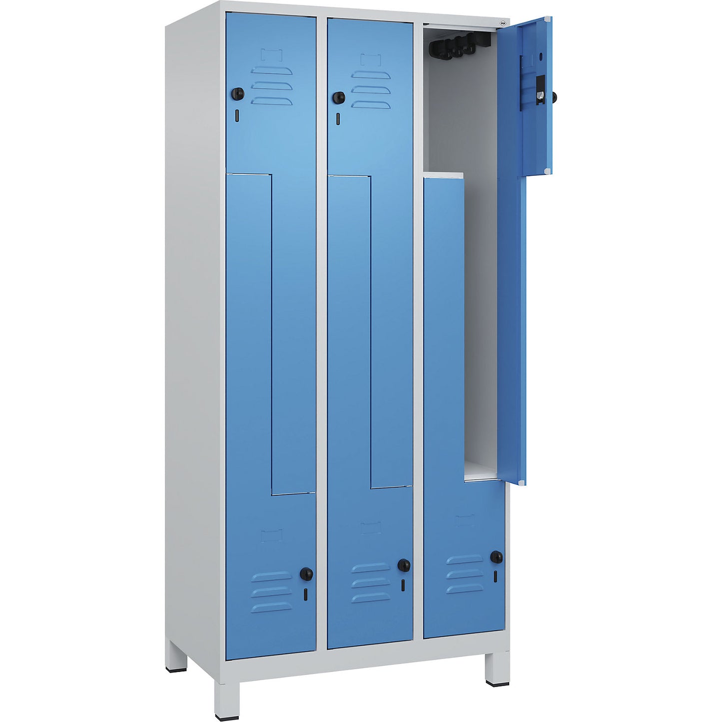 Classic PLUS Z locker, 3 compartments, light grey/light blue, W 900 mm, with feet, rotary bolt.