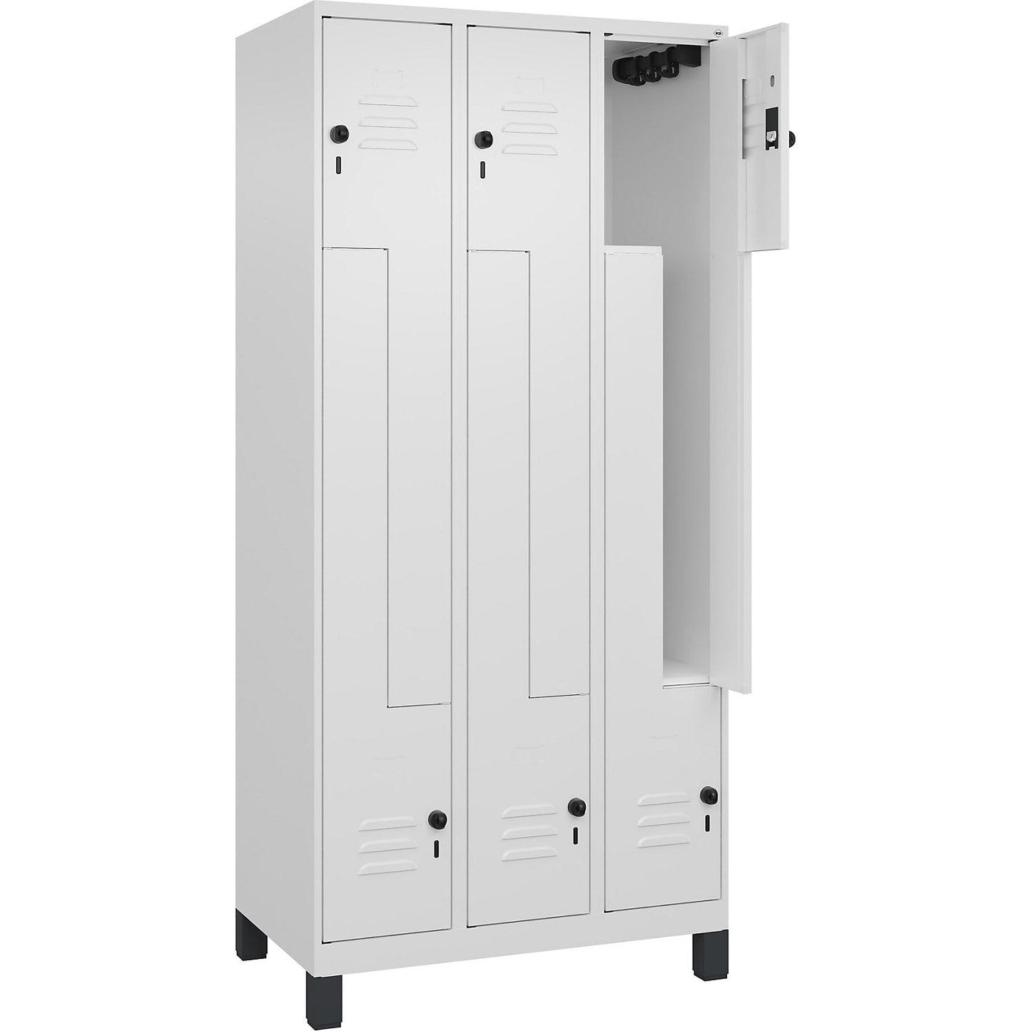 Classic PLUS Z locker, 3 compartments, traffic white, W 900 mm, with feet, rotary bolt.