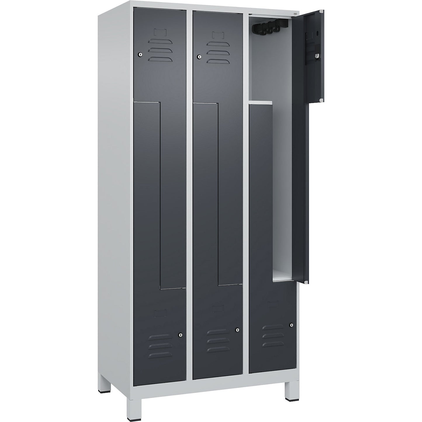 Classic PLUS Z locker, 3 compartments, light grey/grey, W 900 mm, with feet, cylinder lock.