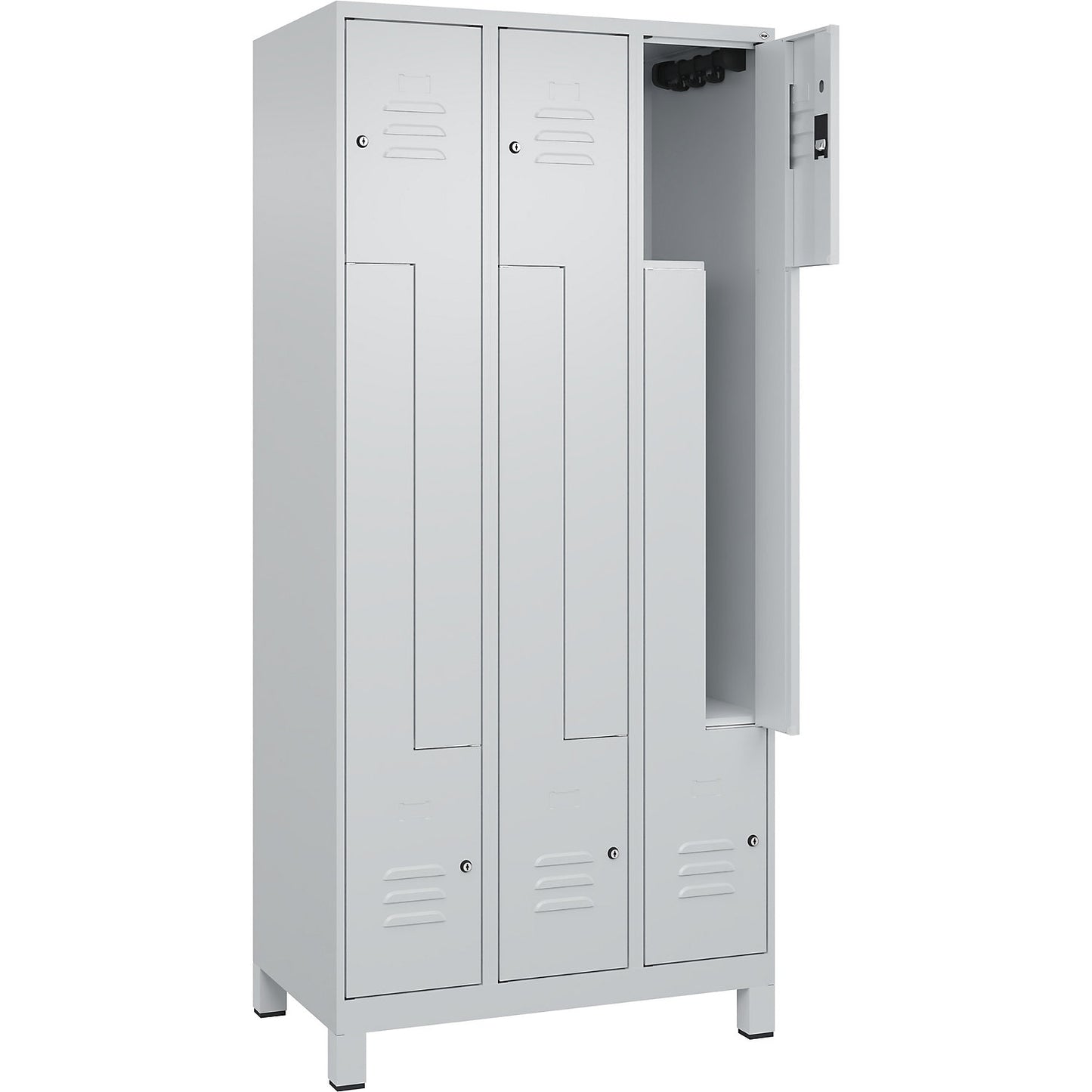 Classic PLUS Z locker, 3 compartments, light grey, W 900 mm, with feet, cylinder lock.