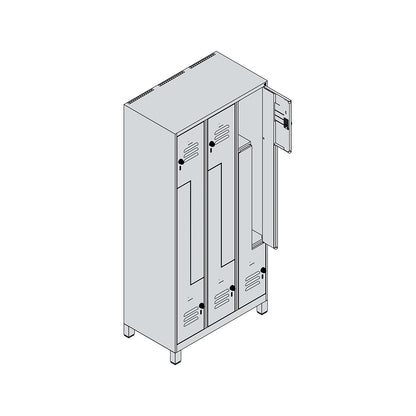 Classic PLUS Z locker, 3 compartments, light grey/gentian blue, W 900 mm, with feet, rotary bolt.