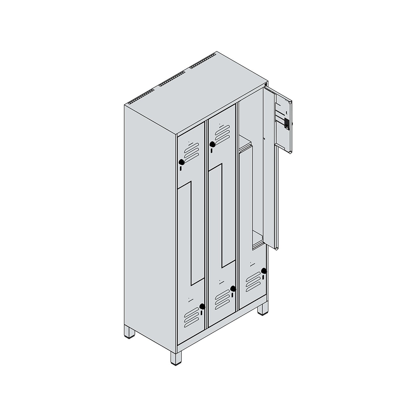 Classic PLUS Z locker, 3 compartments, light grey/grey, W 900 mm, with feet, rotary bolt.