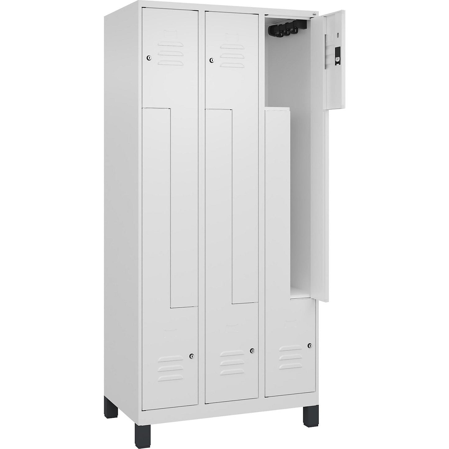 Classic PLUS Z locker, 3 compartments, traffic white, W 900 mm, with feet, cylinder lock.