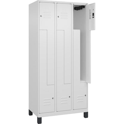 Classic PLUS Z locker, 3 compartments, traffic white, W 900 mm, with feet, cylinder lock.