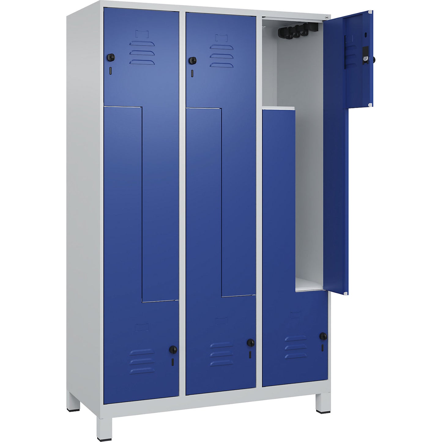 Classic PLUS Z locker, 3 compartments, light grey/gentian blue, W 1200 mm, with feet, rotary bolt.