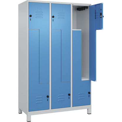 Classic PLUS Z locker, 3 compartments, light grey/light blue, W 1200 mm, with feet, rotary bolt.