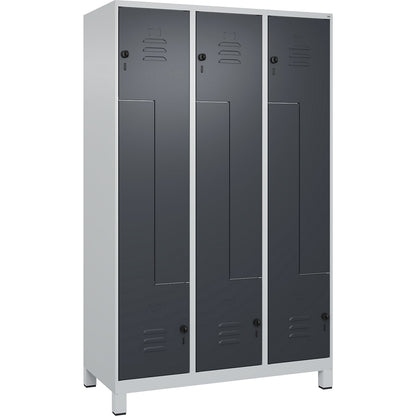 Classic PLUS Z locker, 3 compartments, light grey/grey, W 1200 mm, with feet, rotary bolt.