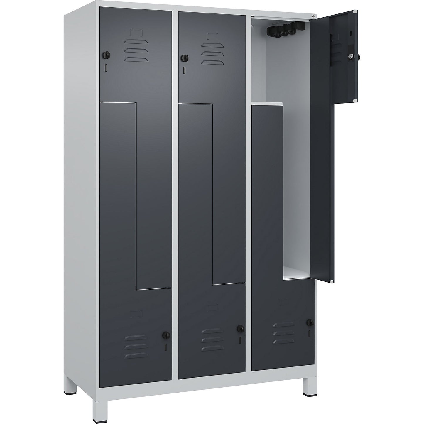 Classic PLUS Z locker, 3 compartments, light grey/grey, W 1200 mm, with feet, rotary bolt.