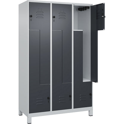 Classic PLUS Z locker, 3 compartments, light grey/grey, W 1200 mm, with feet, rotary bolt.