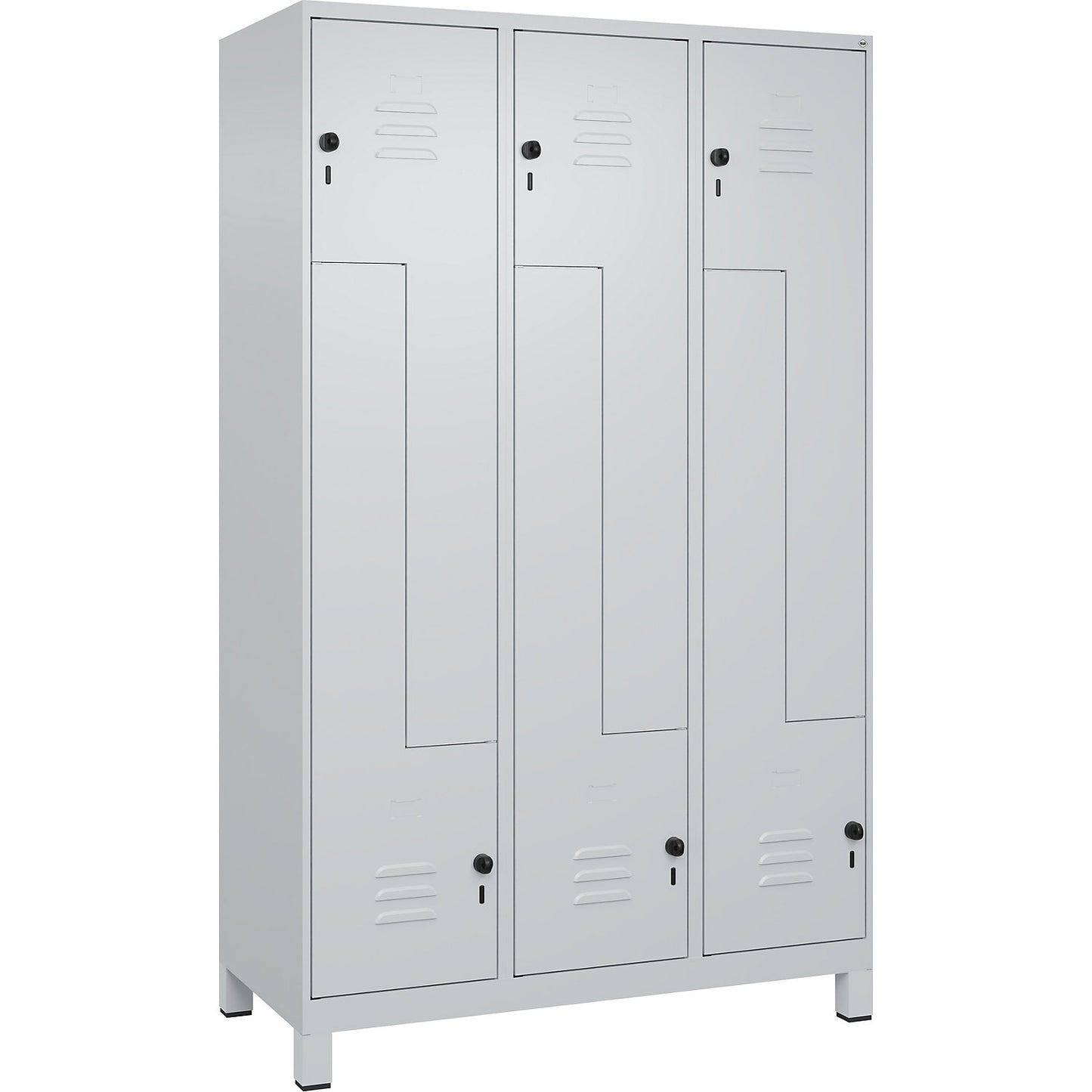 Classic PLUS Z locker, 3 compartments, light grey, W 1200 mm, with feet, rotary bolt.