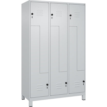 Classic PLUS Z locker, 3 compartments, light grey, W 1200 mm, with feet, rotary bolt.