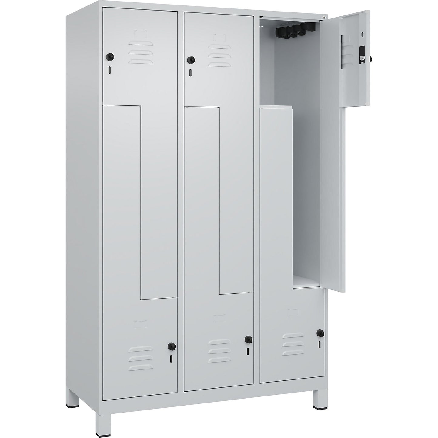Classic PLUS Z locker, 3 compartments, light grey, W 1200 mm, with feet, rotary bolt.