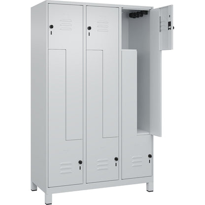 Classic PLUS Z locker, 3 compartments, light grey, W 1200 mm, with feet, rotary bolt.